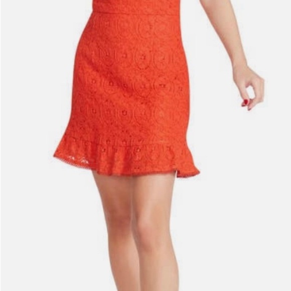 NWT Betsey Johnson Crochet Lace Ruffle Hem Mini Dress in Spicy Orange Sz M. - Picture 3 of 13